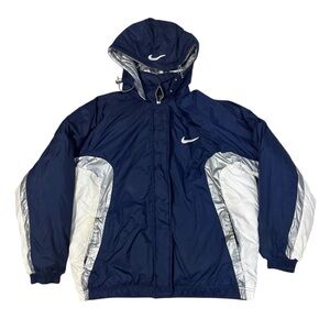 VTG Nike Nylon Puffer Quilted Coat Womens Large Navy Silver 90s Hooded